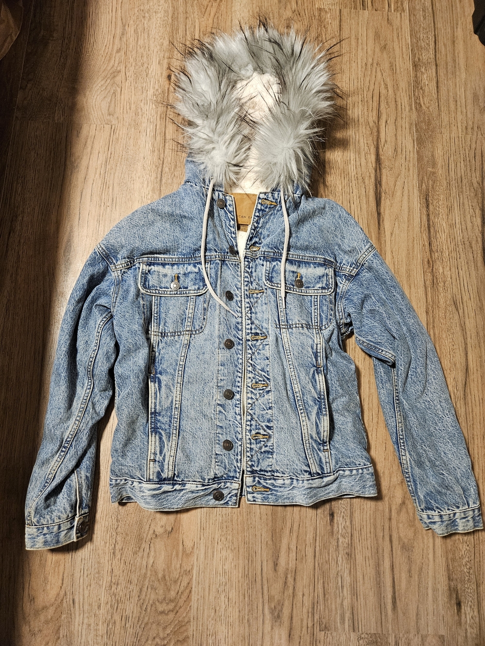 American Eagle Outfitters Lined Denim Jacket with Faux Fur-Trim Hood